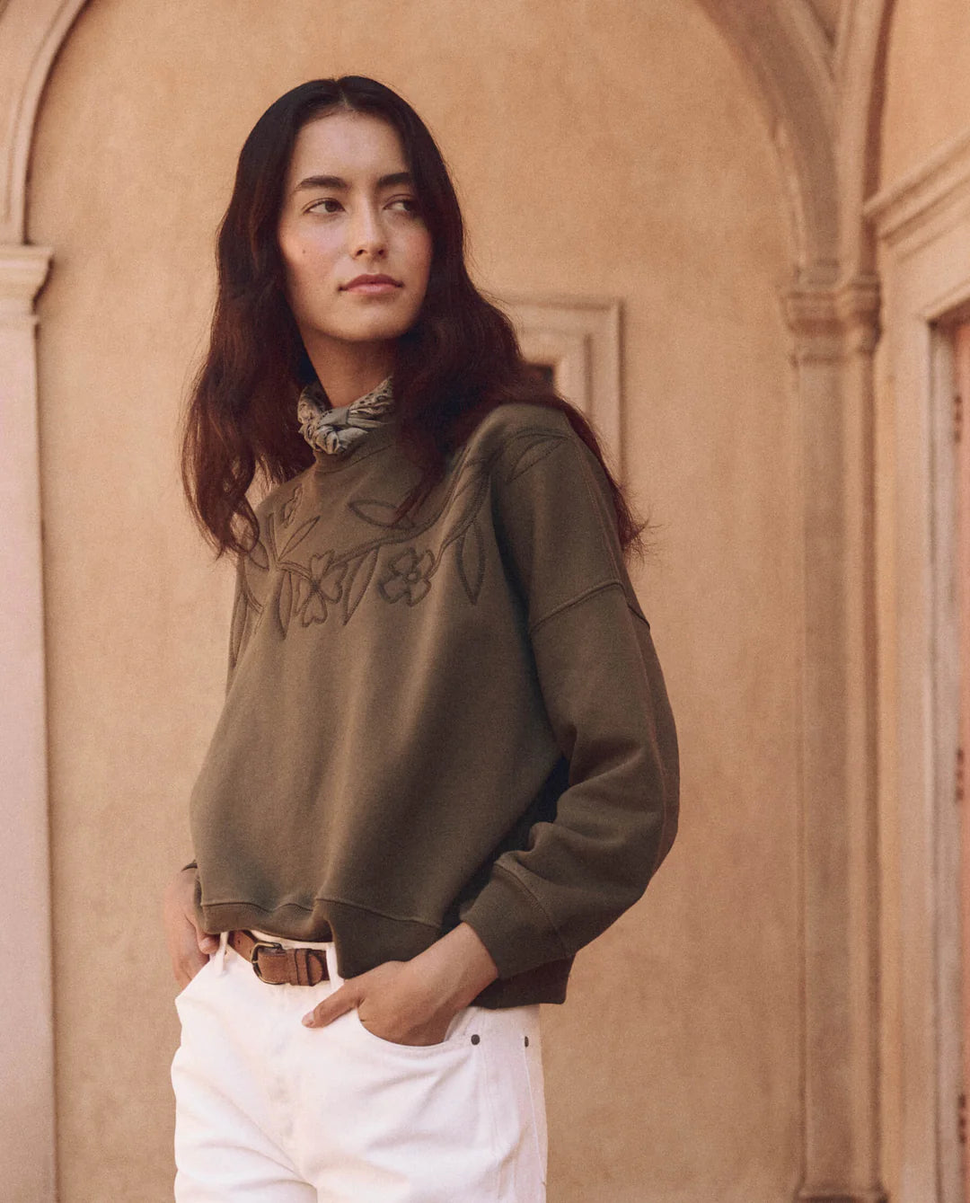 The Floral Applique Teammate Sweatshirt. Army