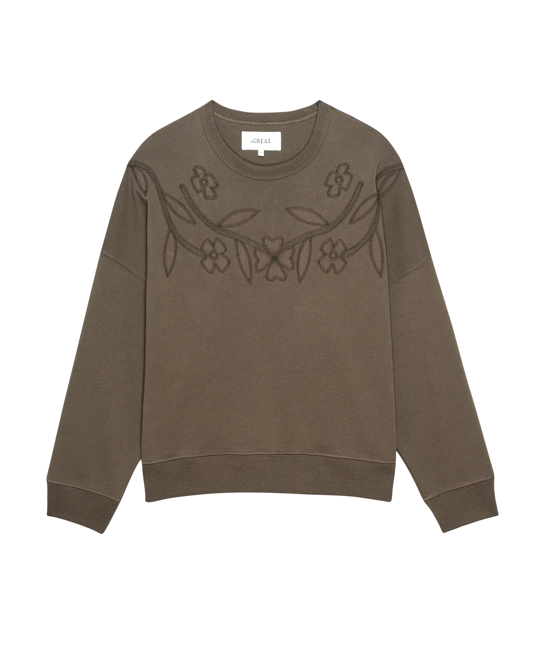 The Floral Applique Teammate Sweatshirt. Army