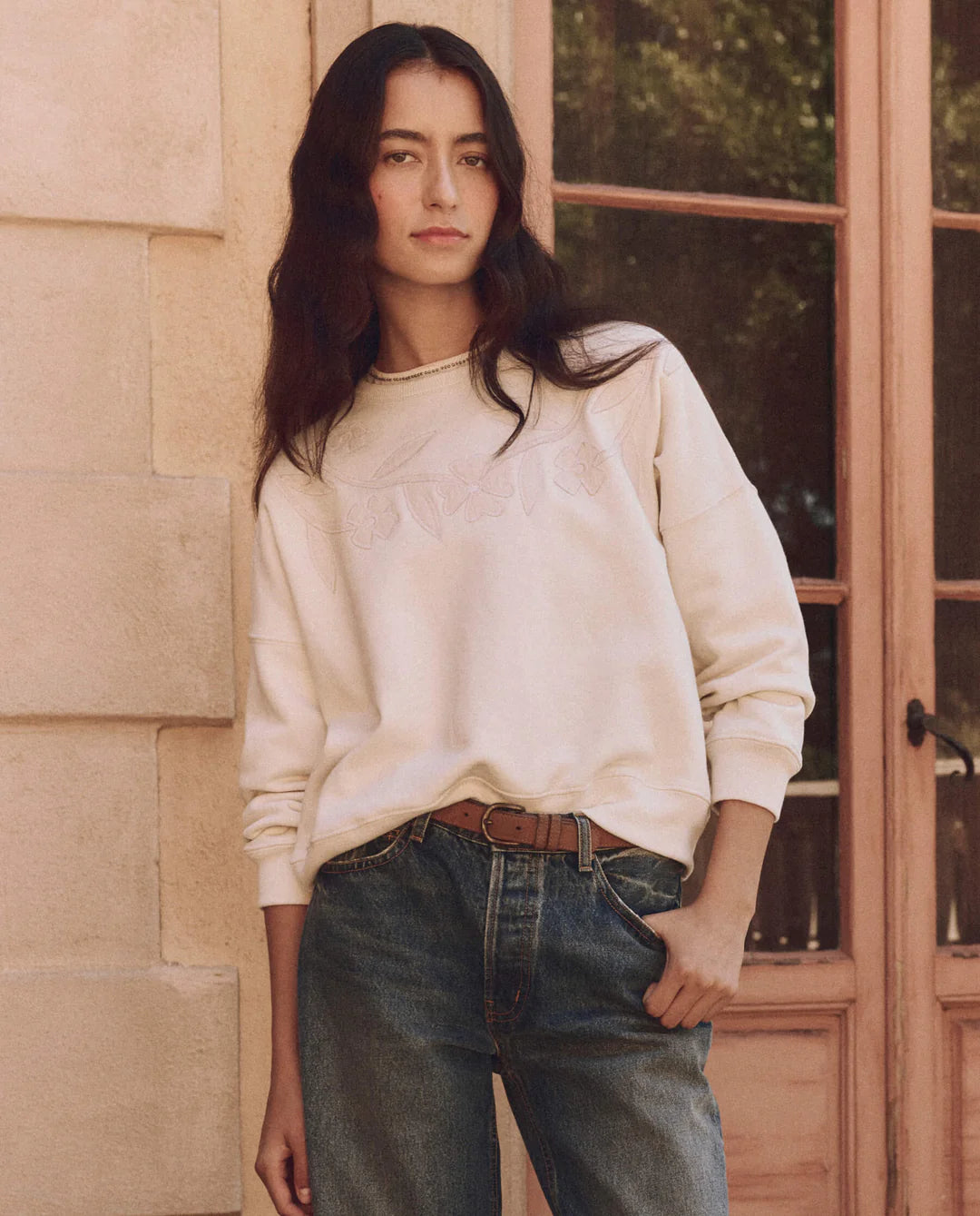 The Floral Applique Teammate Sweatshirt. Washed White