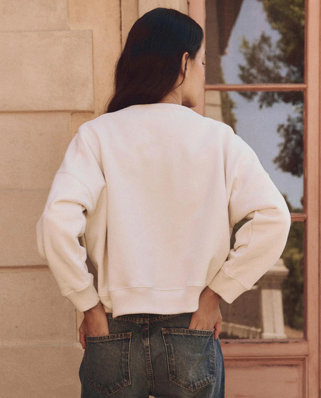 The Floral Applique Teammate Sweatshirt. Washed White