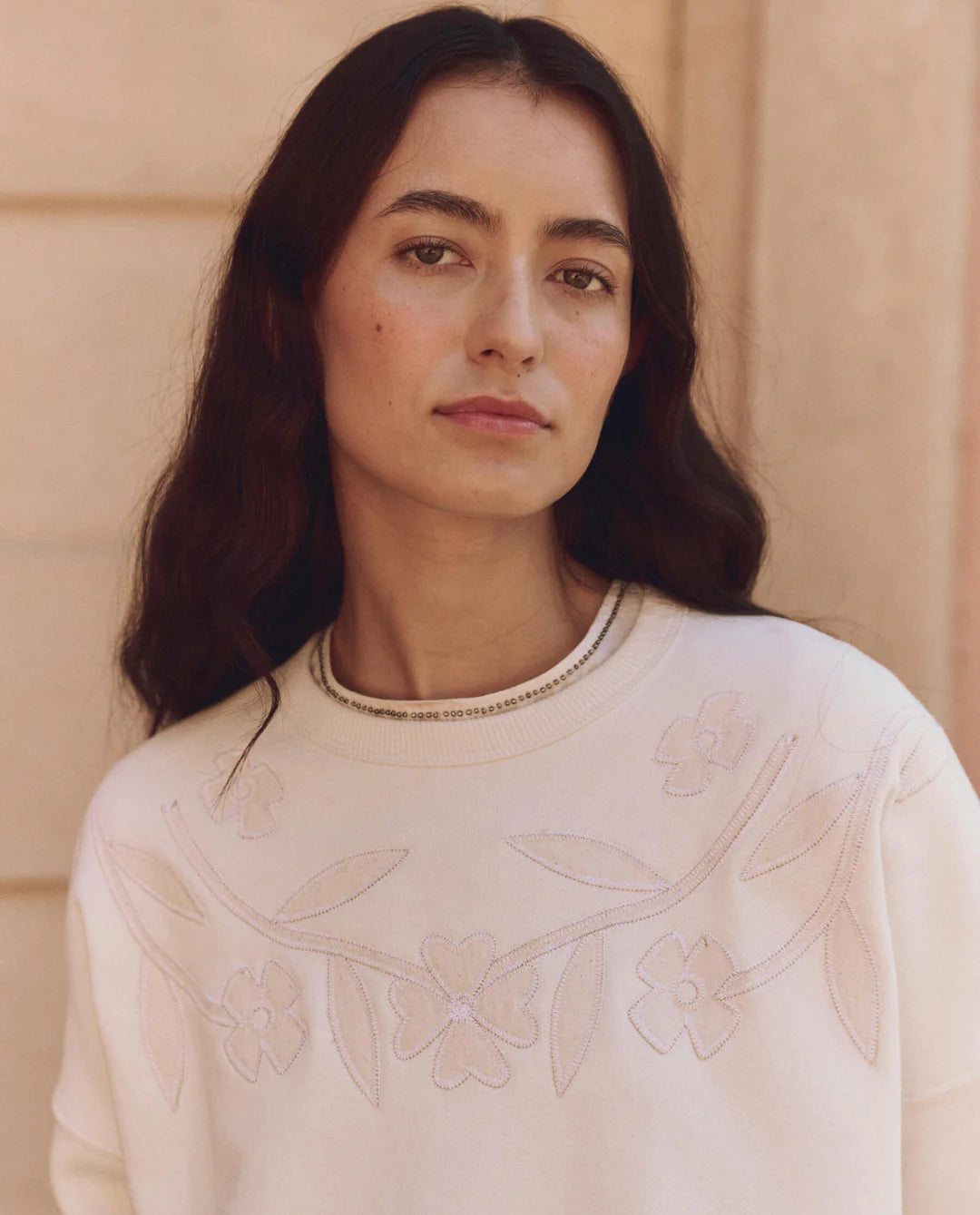 The Floral Applique Teammate Sweatshirt. Washed White