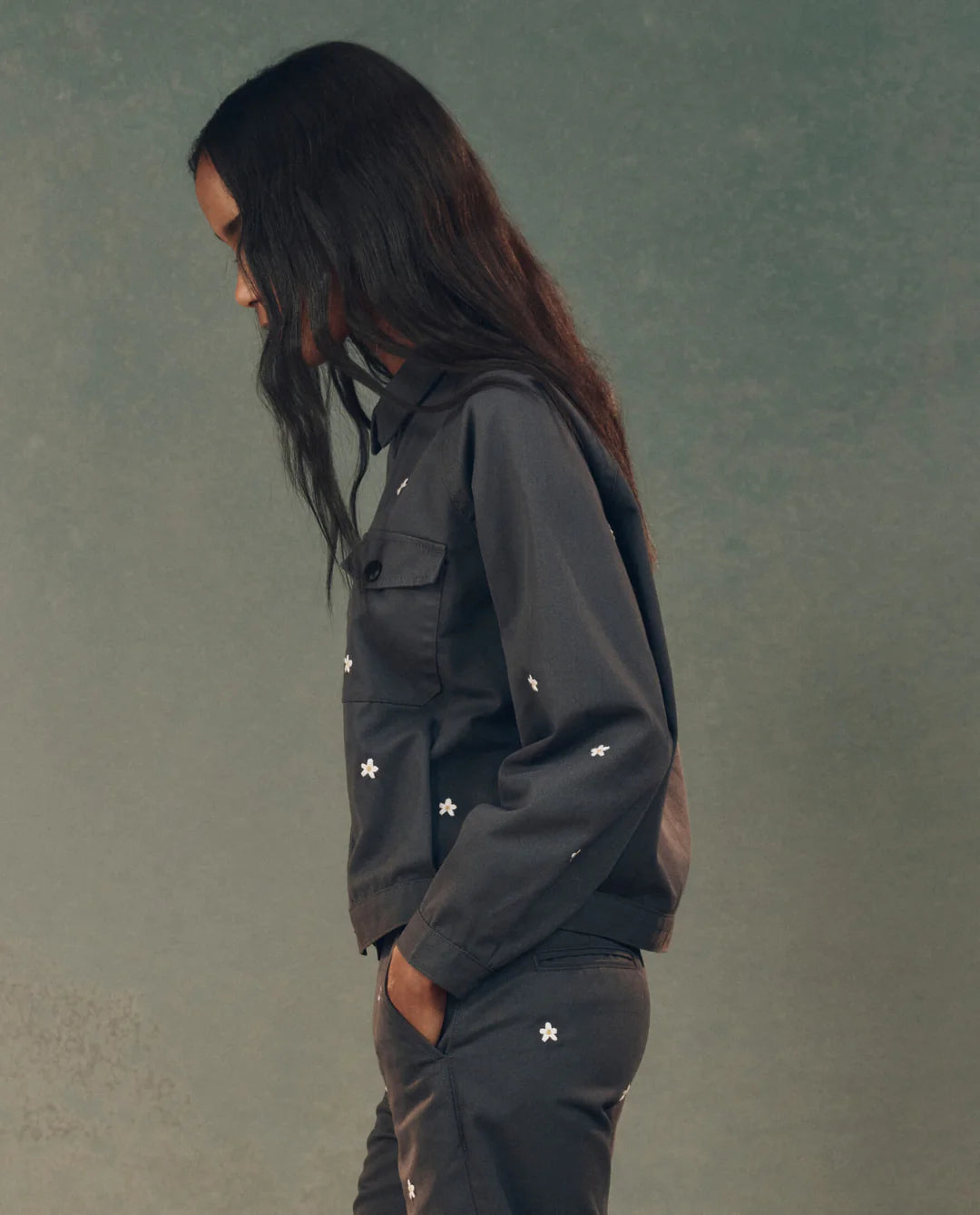 The Garage Jacket with Daisy Embroidery. Slate