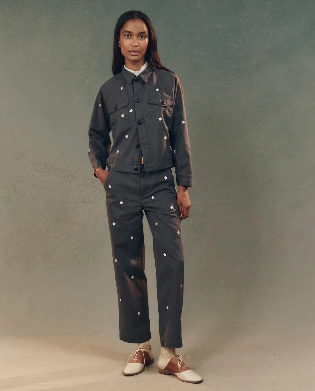The Garage Jacket with Daisy Embroidery. Slate