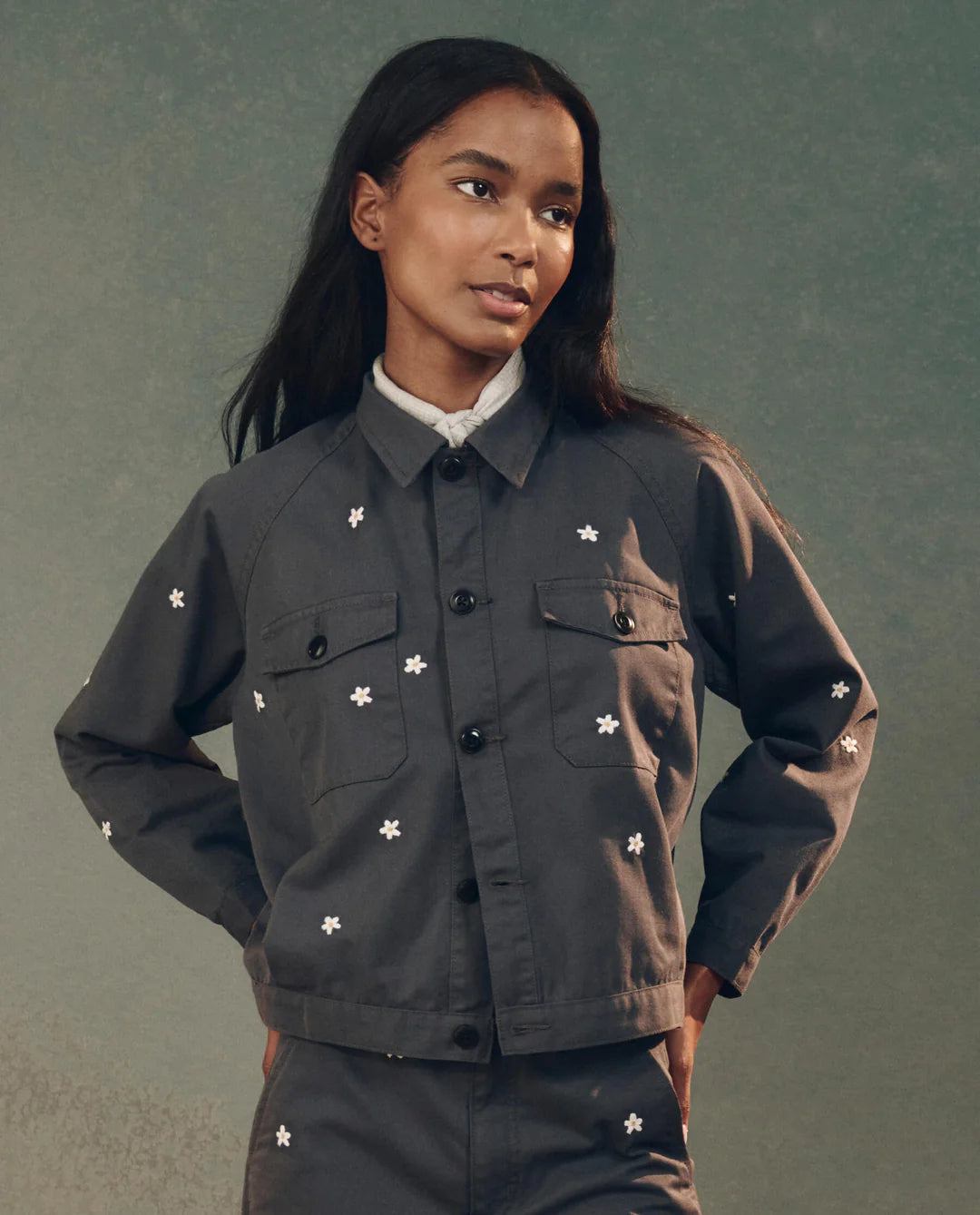 The Garage Jacket with Daisy Embroidery. Slate