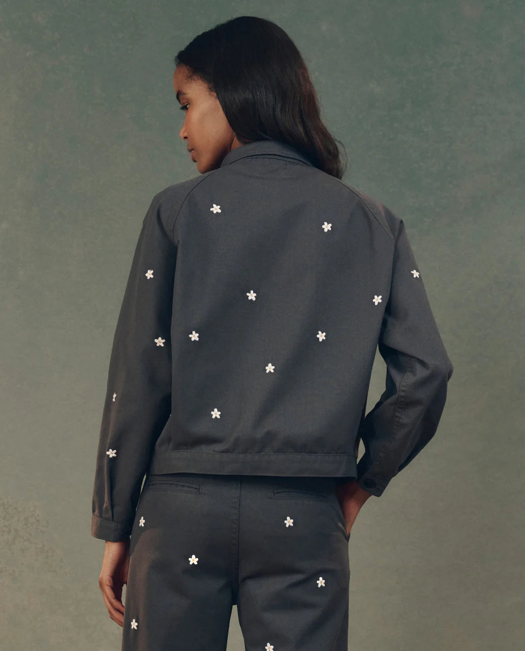 The Garage Jacket with Daisy Embroidery. Slate