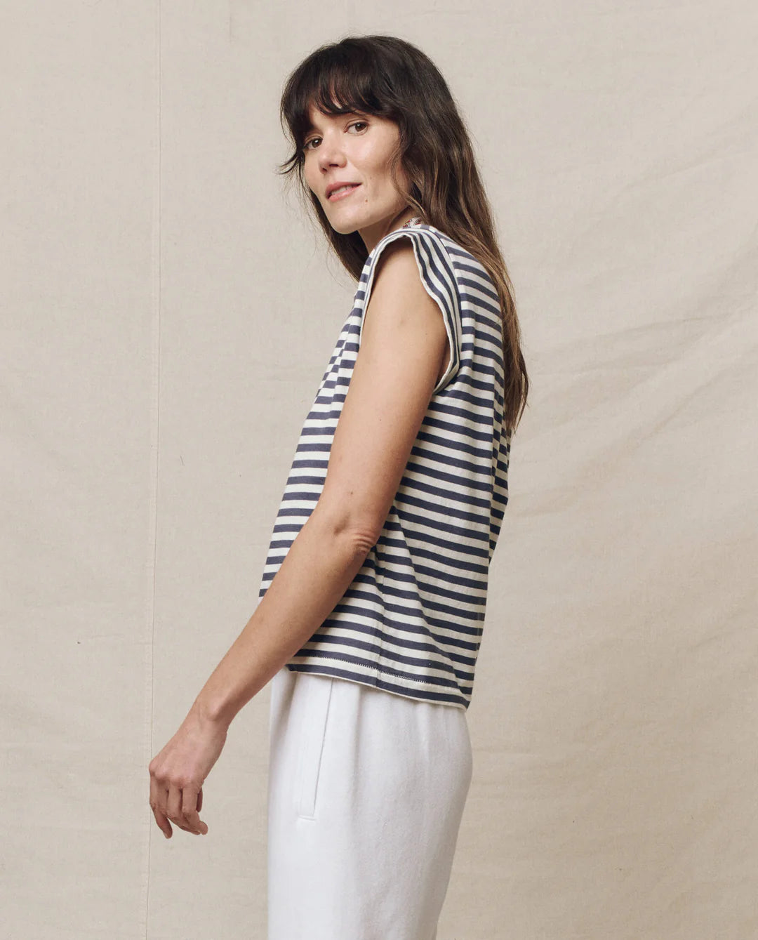 The Peak Shoulder Tee. Vintage Blue Stripe