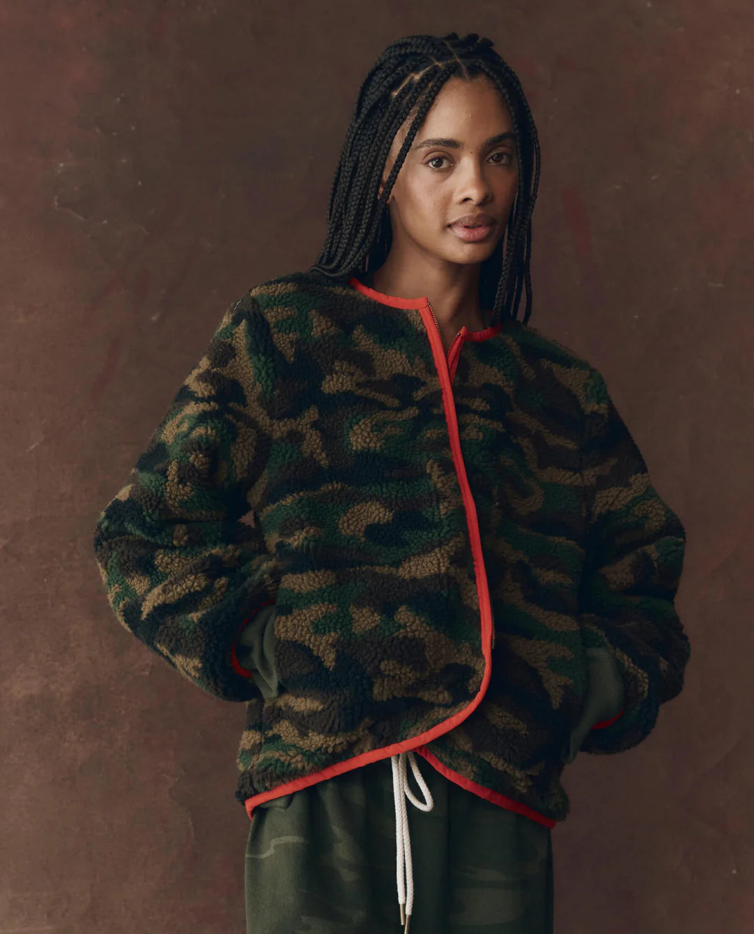 The Reversible Plush Bomber. Camo and Hot Red