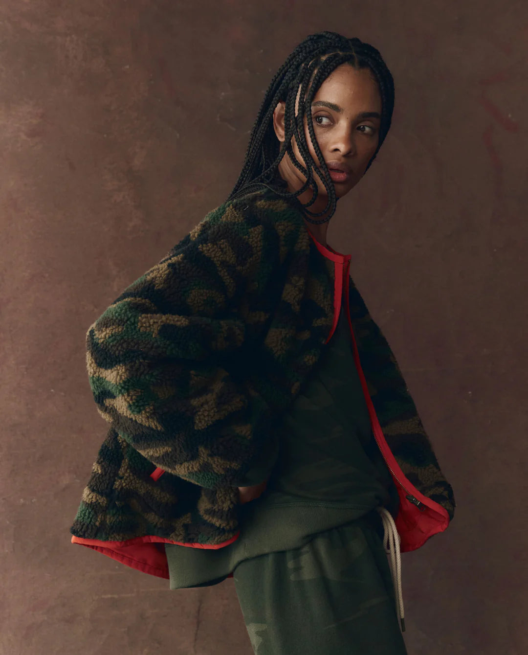 The Reversible Plush Bomber. Camo and Hot Red