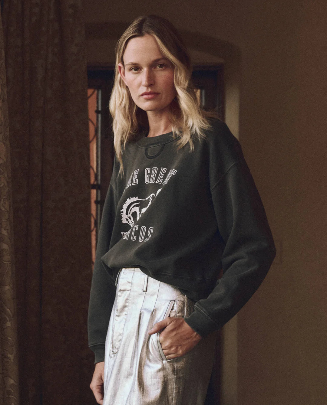 The League Sweatshirt with Bucking Bronco Graphic. Washed Black