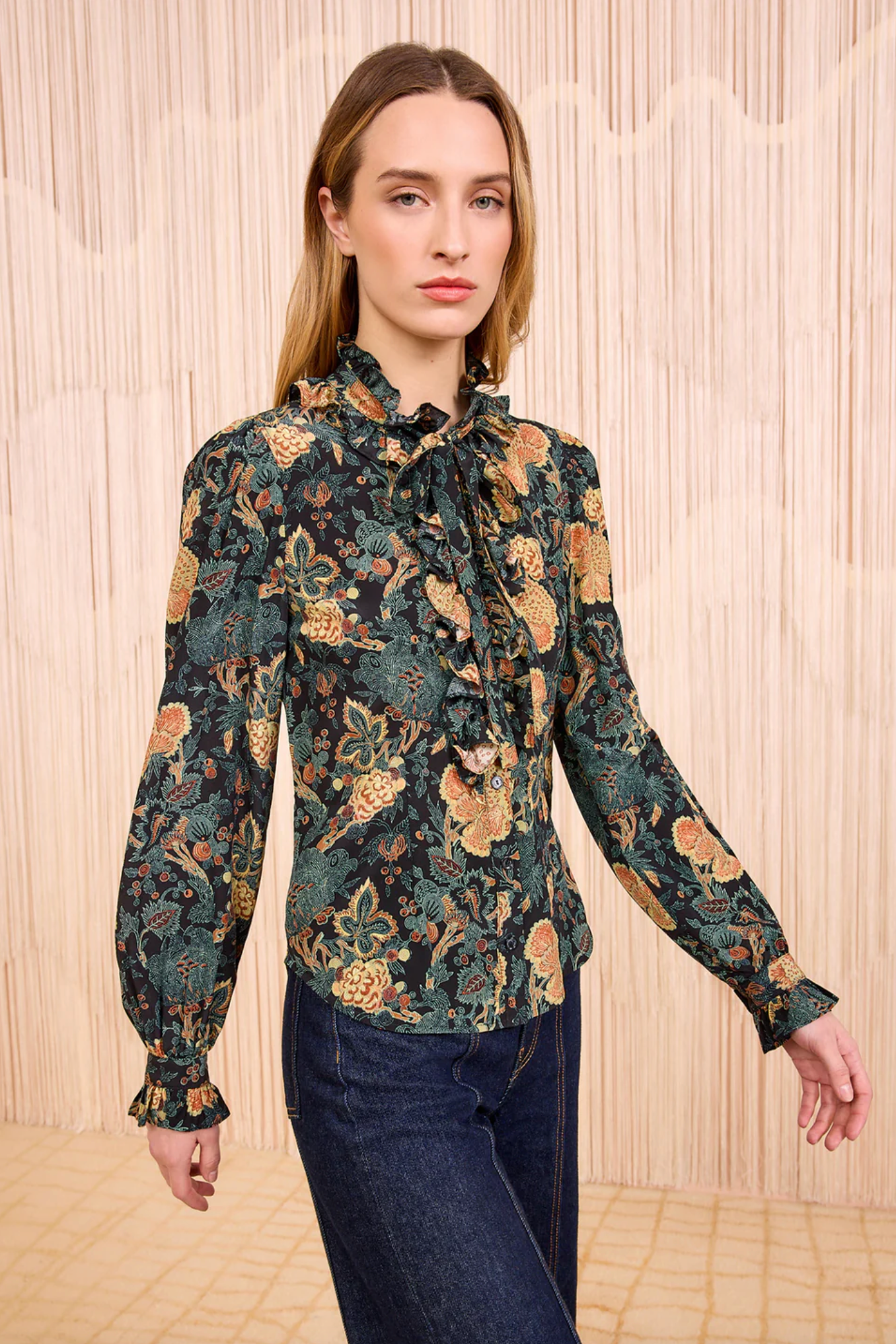 Catroux Silk Long Sleeve Button Front Blouse in Nuit