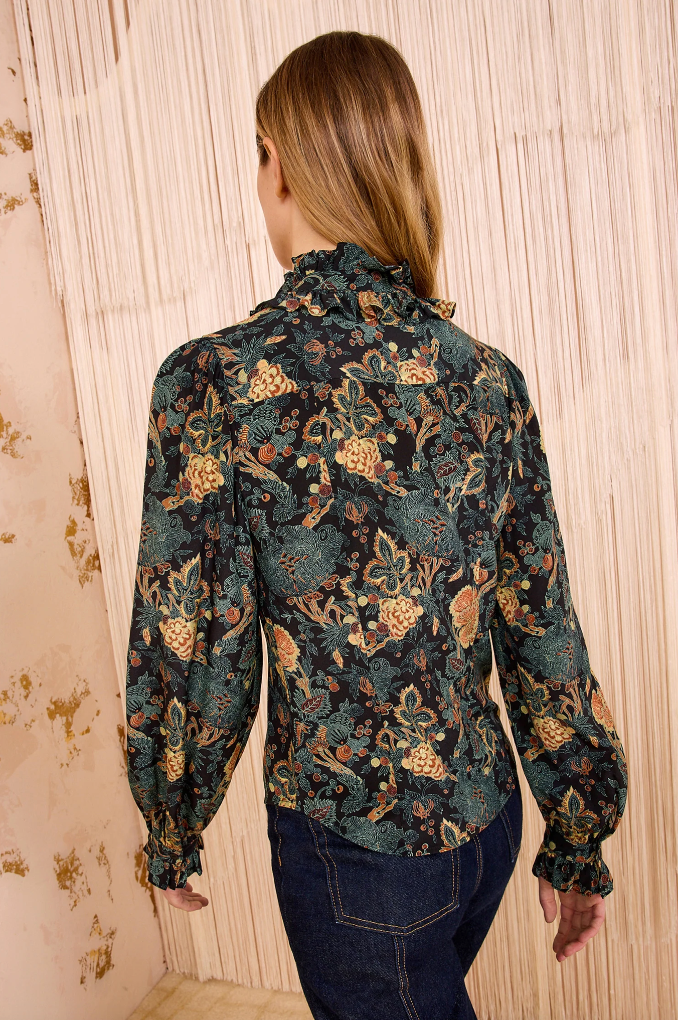 Catroux Silk Long Sleeve Button Front Blouse in Nuit