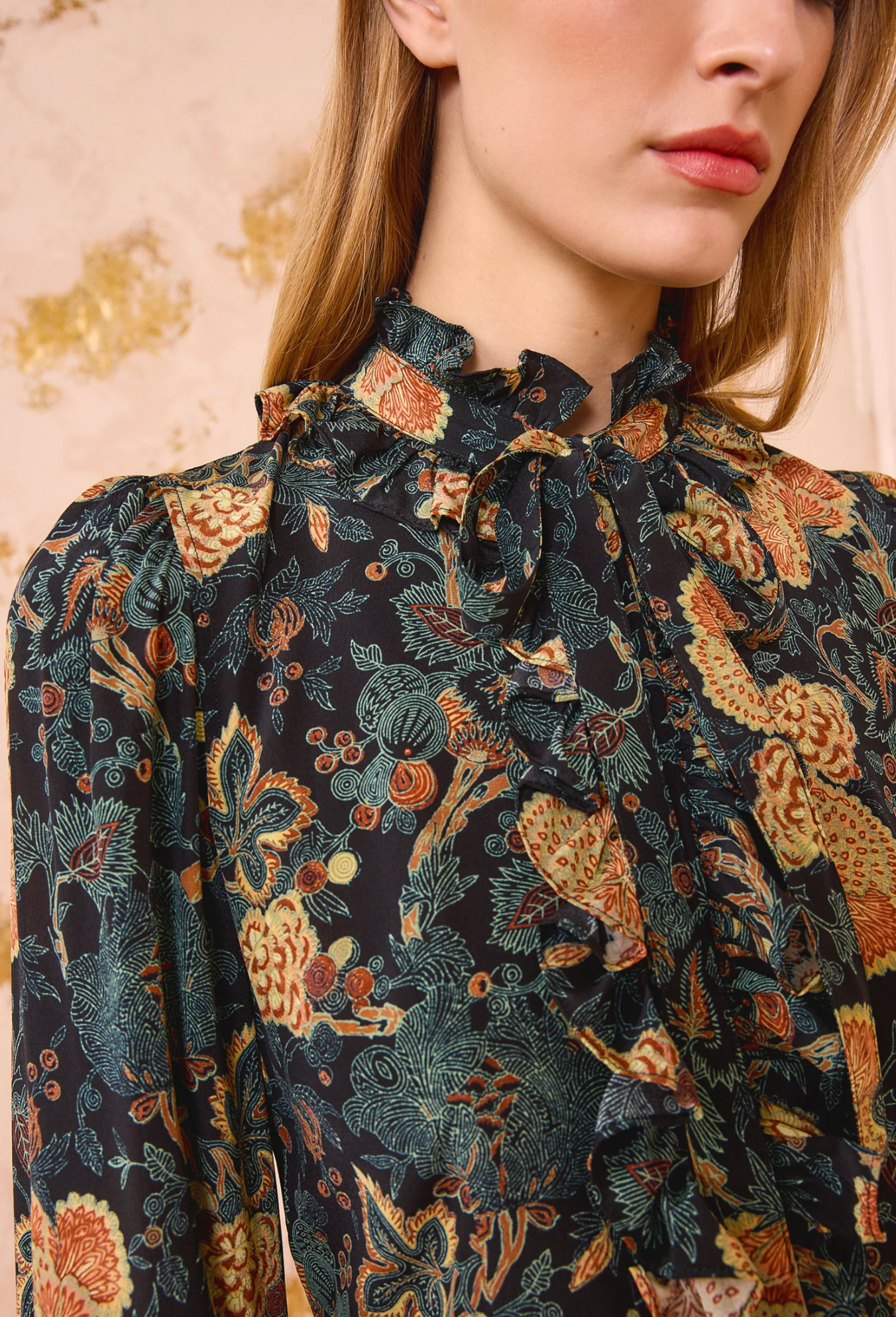 Catroux Silk Long Sleeve Button Front Blouse in Nuit