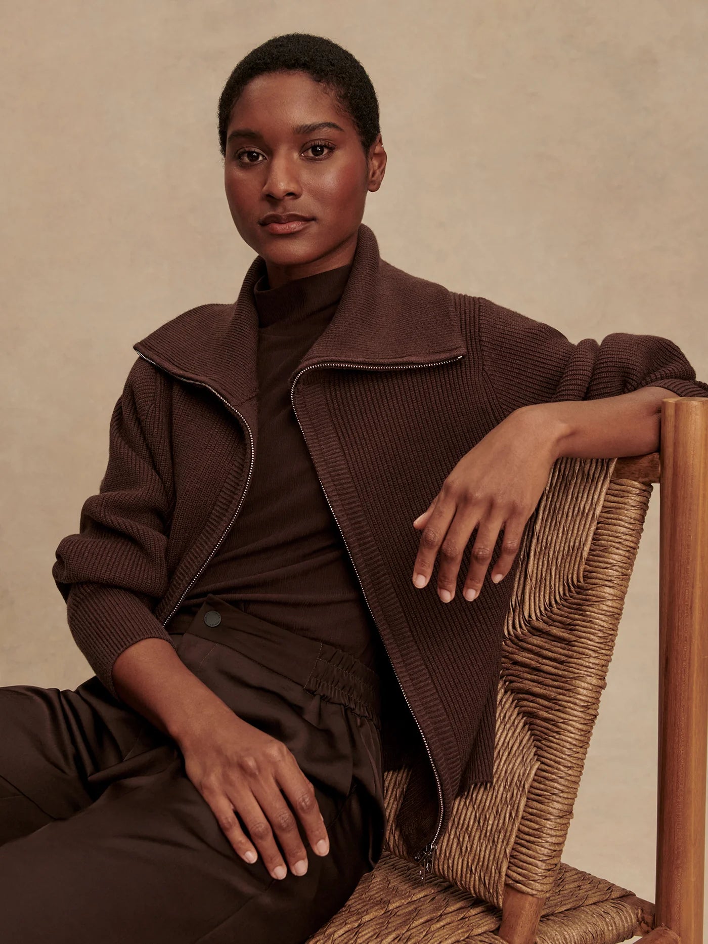 Enrico Zip-Through Knit Jacket in Coffee Bean