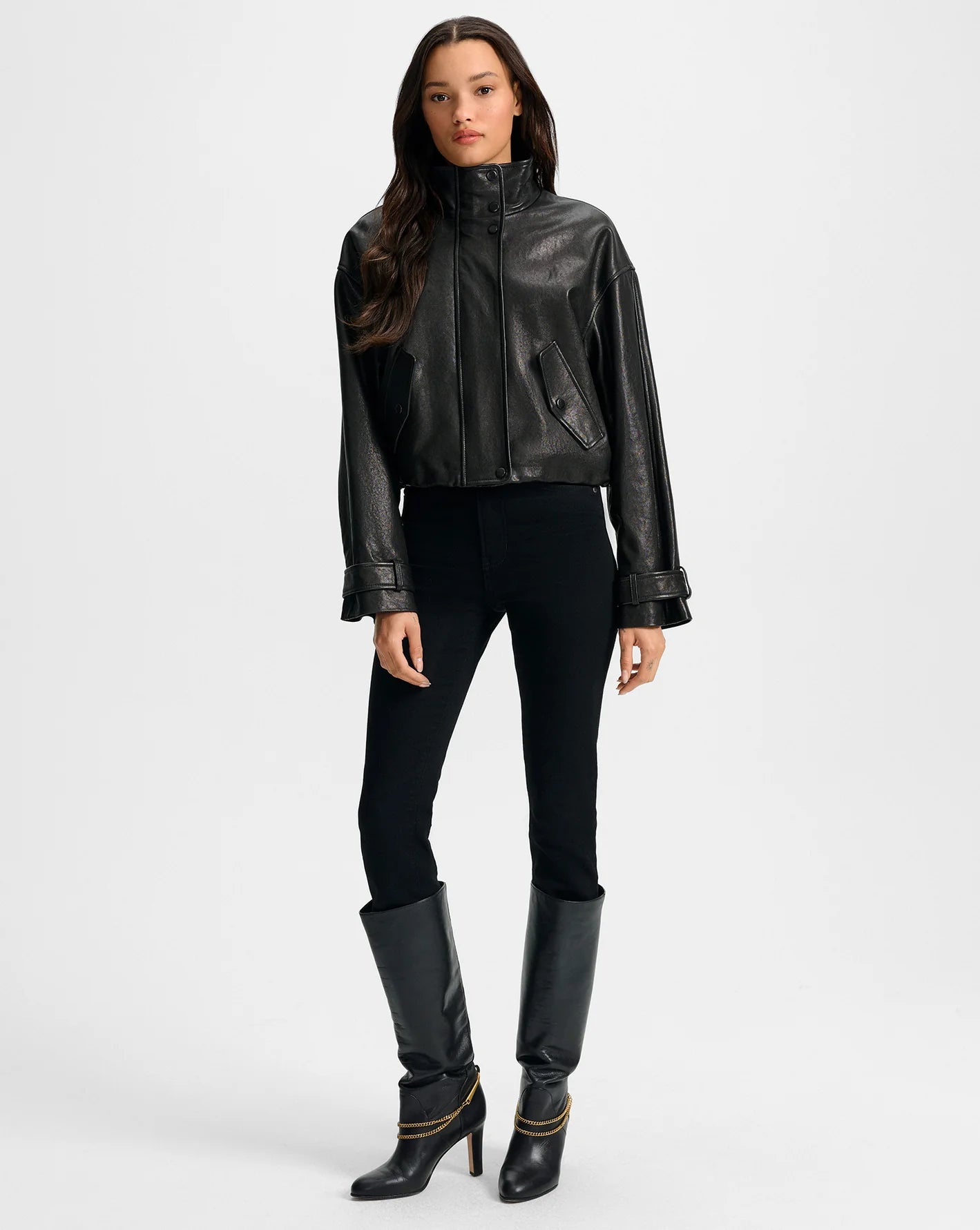Bateman Cropped Leather Jacket in Black