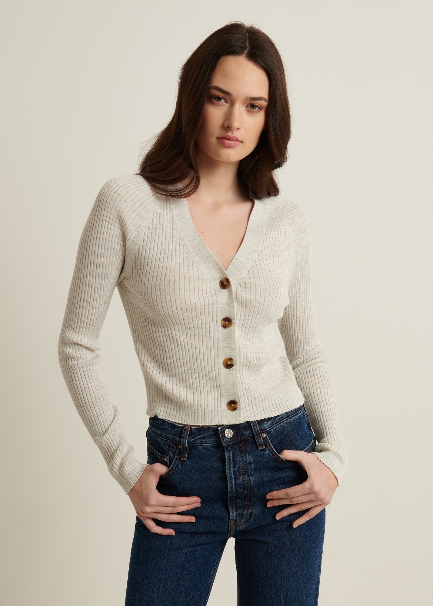 Cotton Cupro Ribbed Cardigan in Drizzle