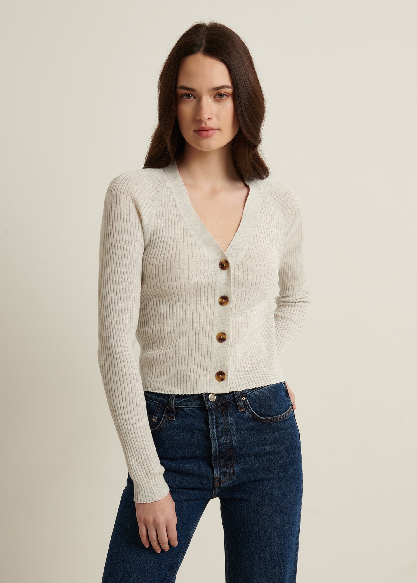 Cotton Cupro Ribbed Cardigan in Drizzle