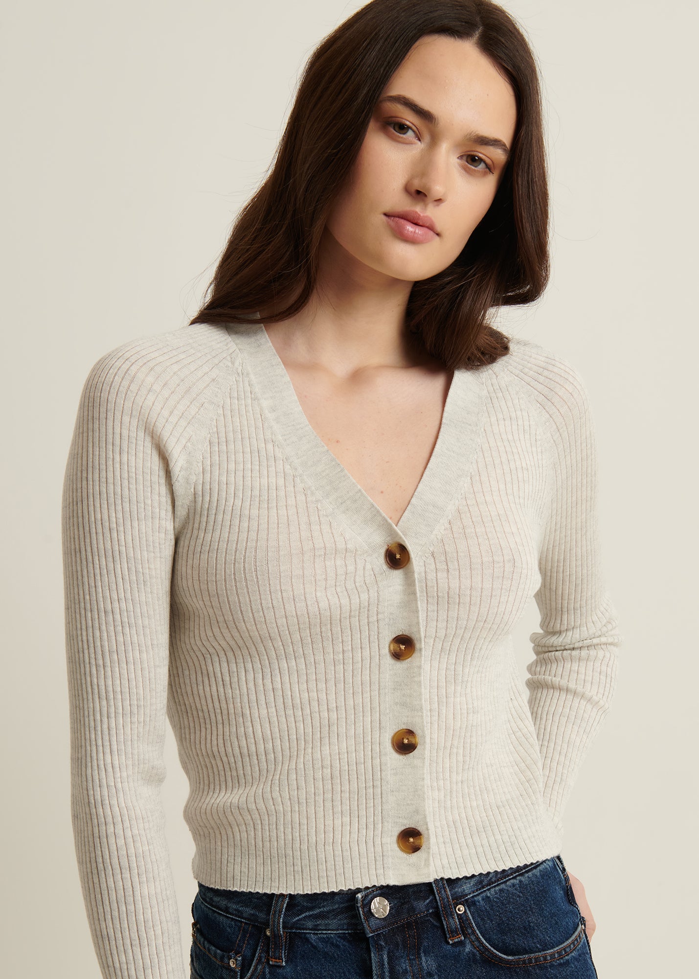Cotton Cupro Ribbed Cardigan in Drizzle