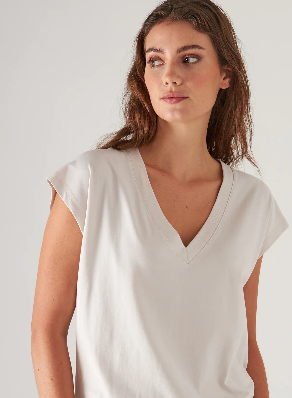 Pima Cotton Stretch Dolman V-Neck T-Shirt in Nude