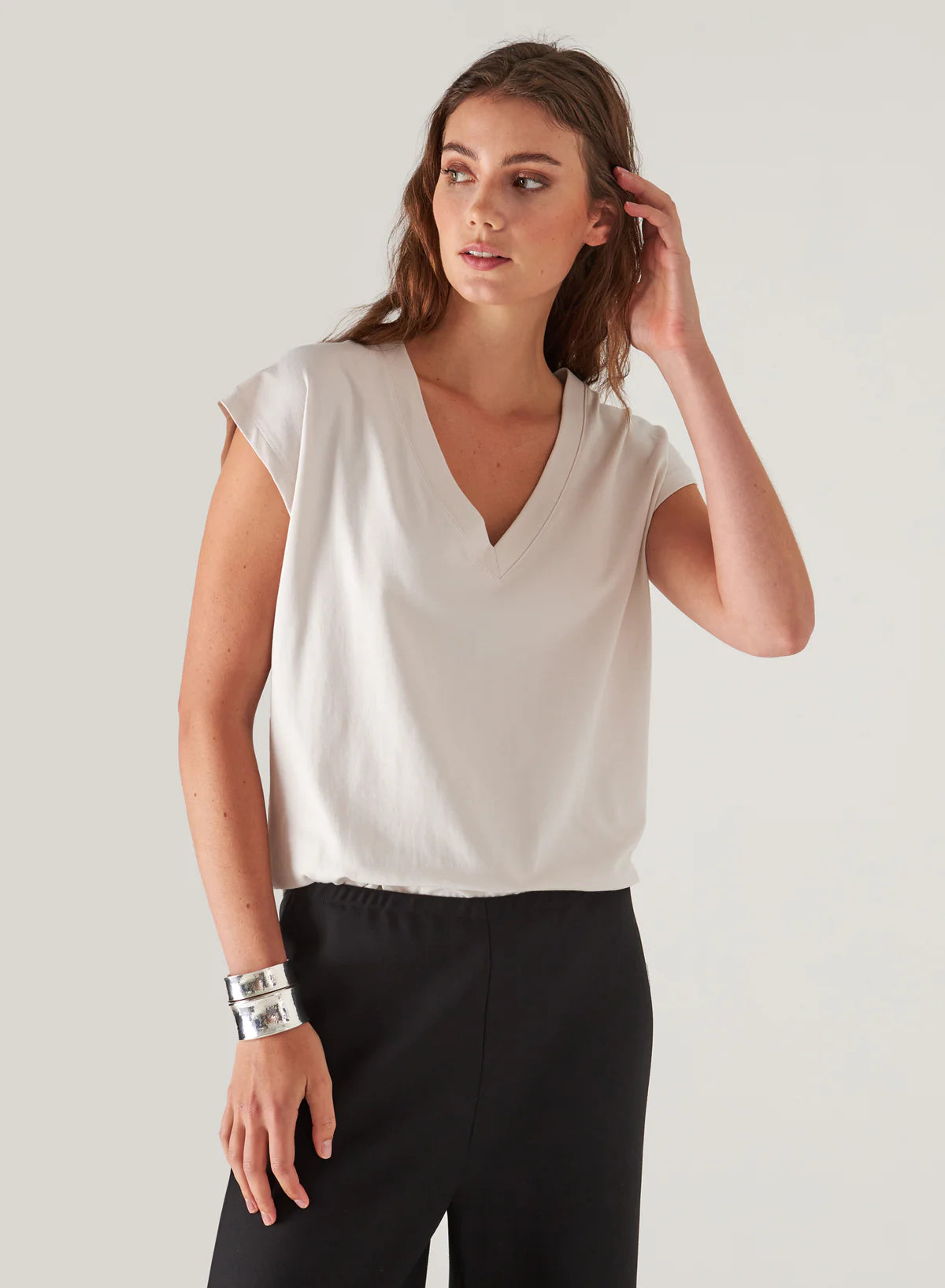 Pima Cotton Stretch Dolman V-Neck T-Shirt in Nude