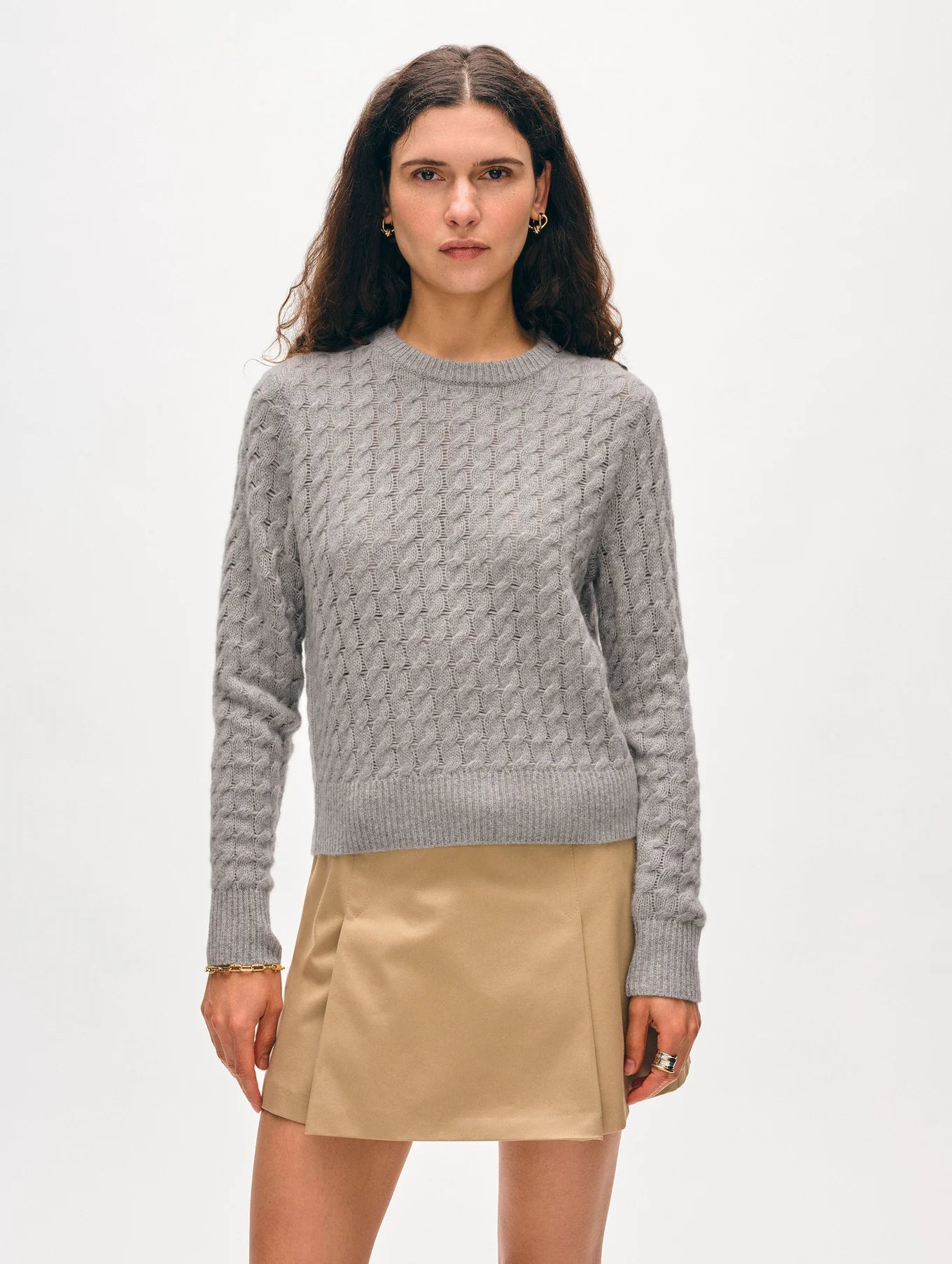 Cashmere Cable Shrunken Crew in Grey Heather