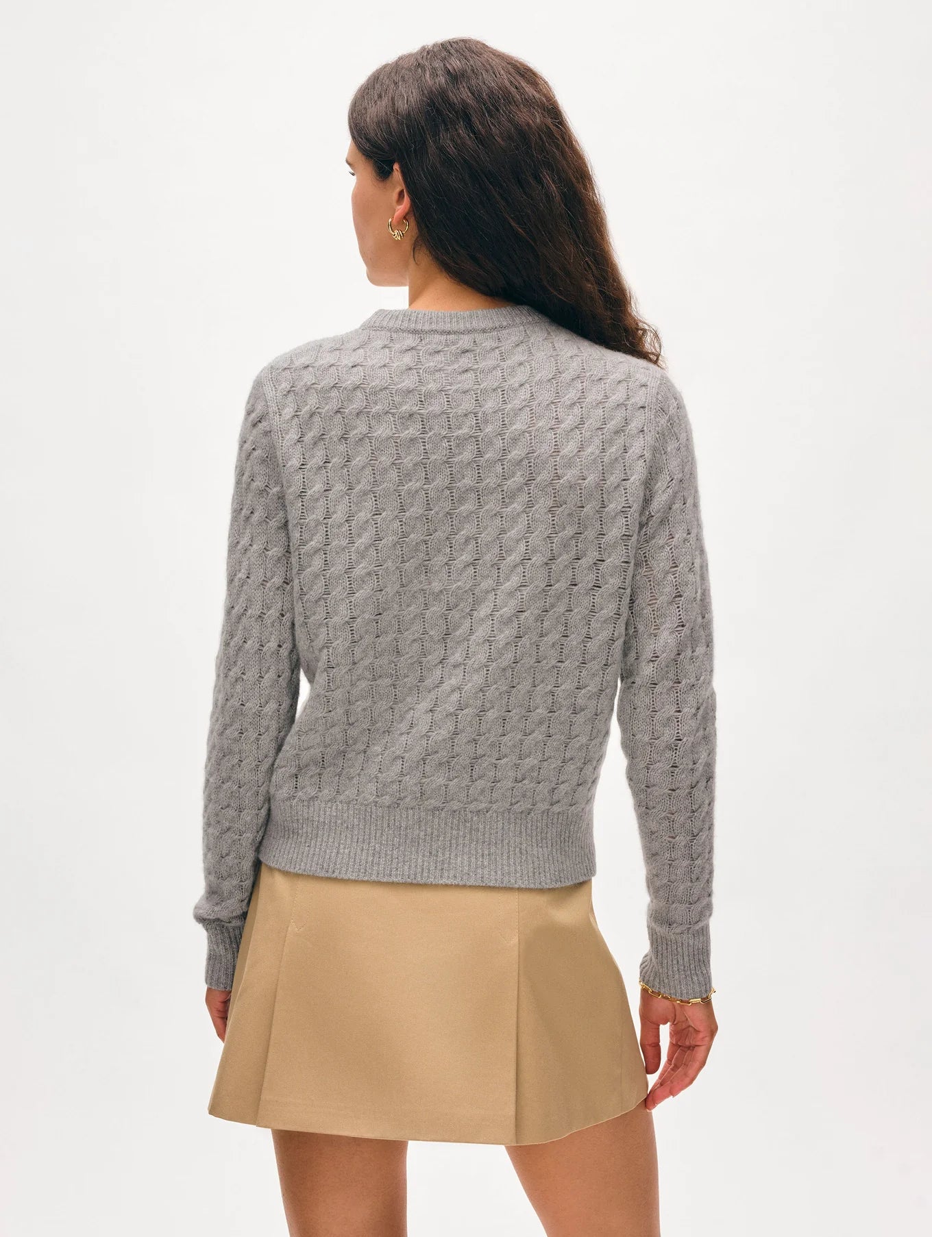 Cashmere Cable Shrunken Crew in Grey Heather