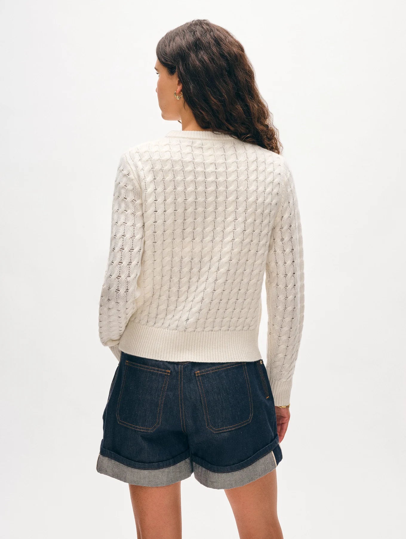 Cashmere Cable Shrunken Crew in Soft White