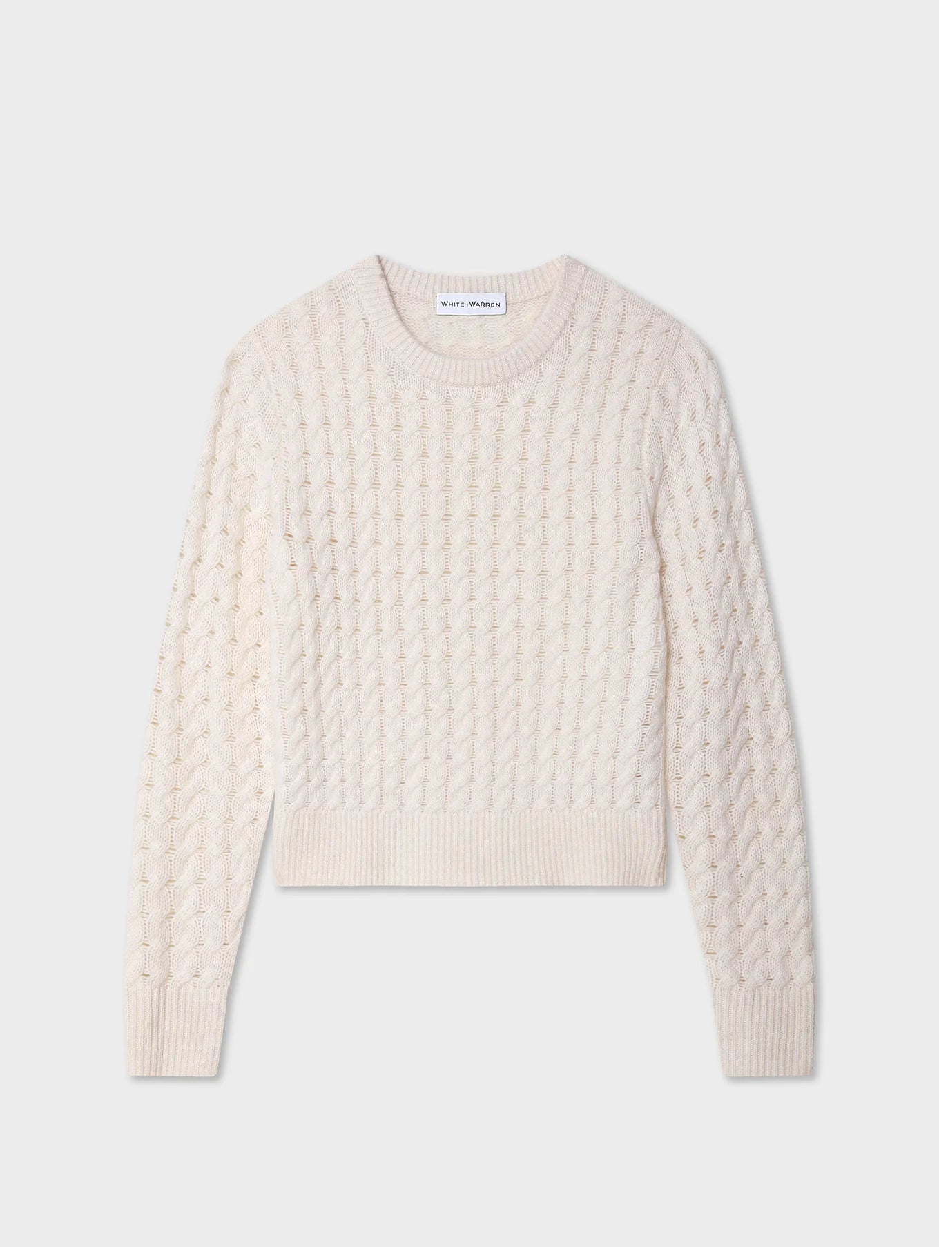 Cashmere Cable Shrunken Crew in Soft White