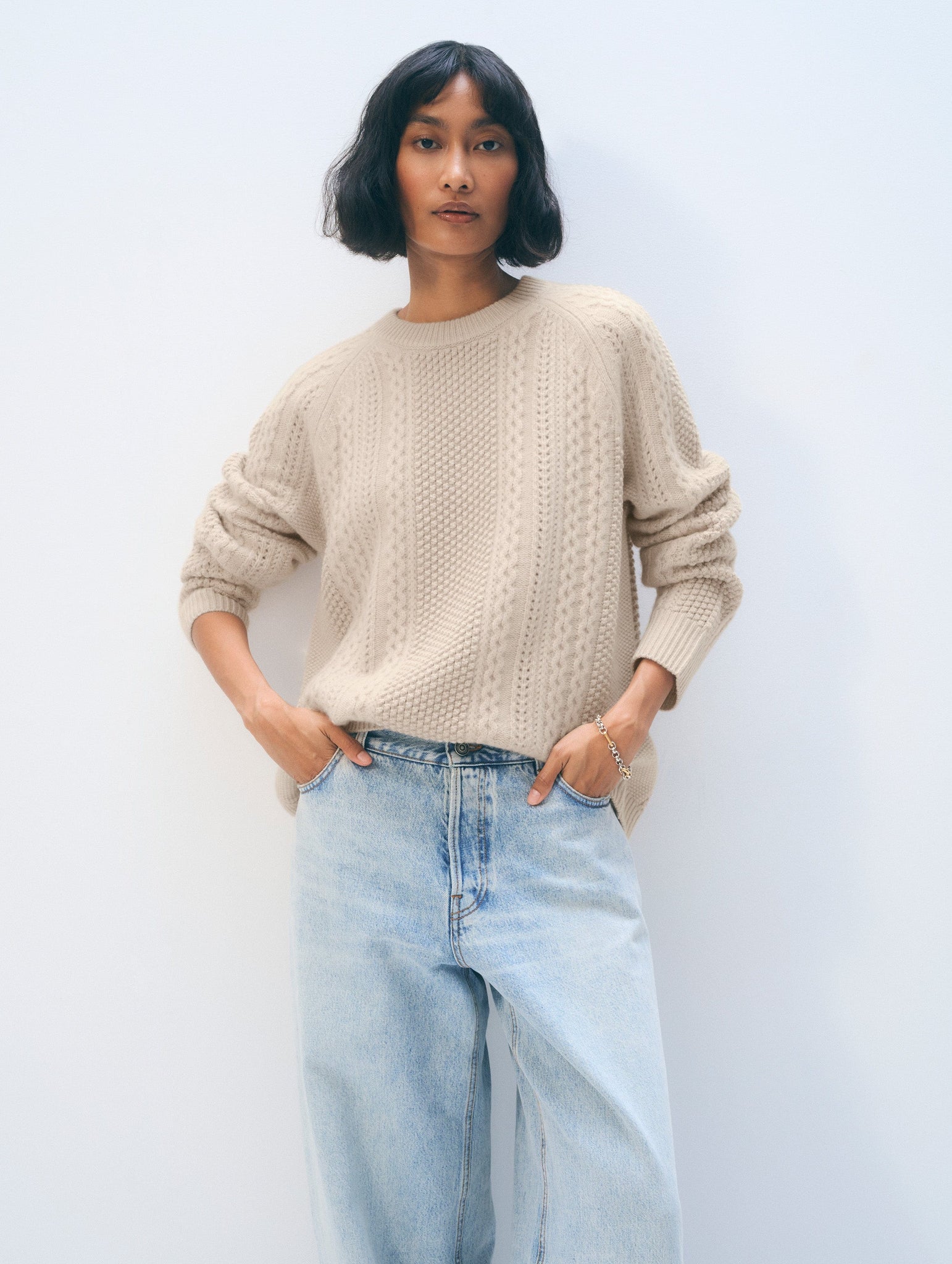 Cashmere Luxe Cable Crew in Natural Heather