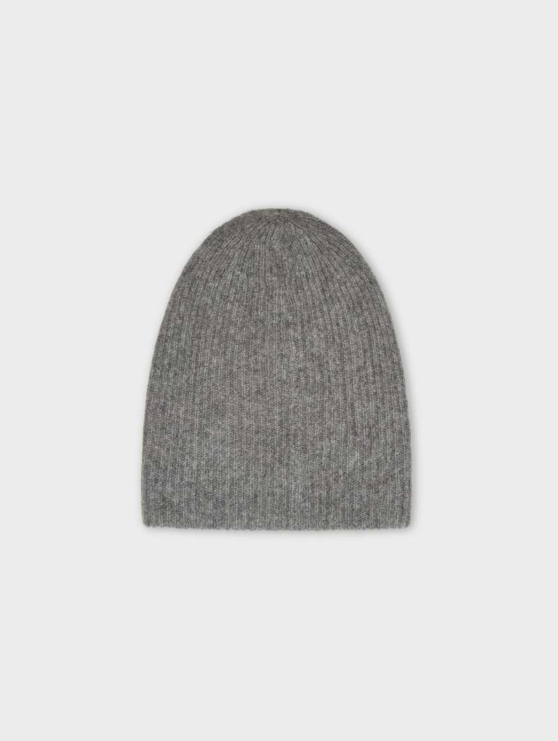 Cashmere Plush Rib Beanie in Grey Heather