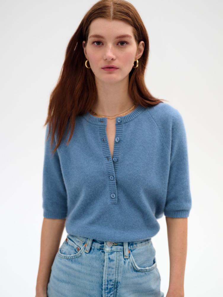 Cashmere Short Sleeve Henley in Blue Thistle