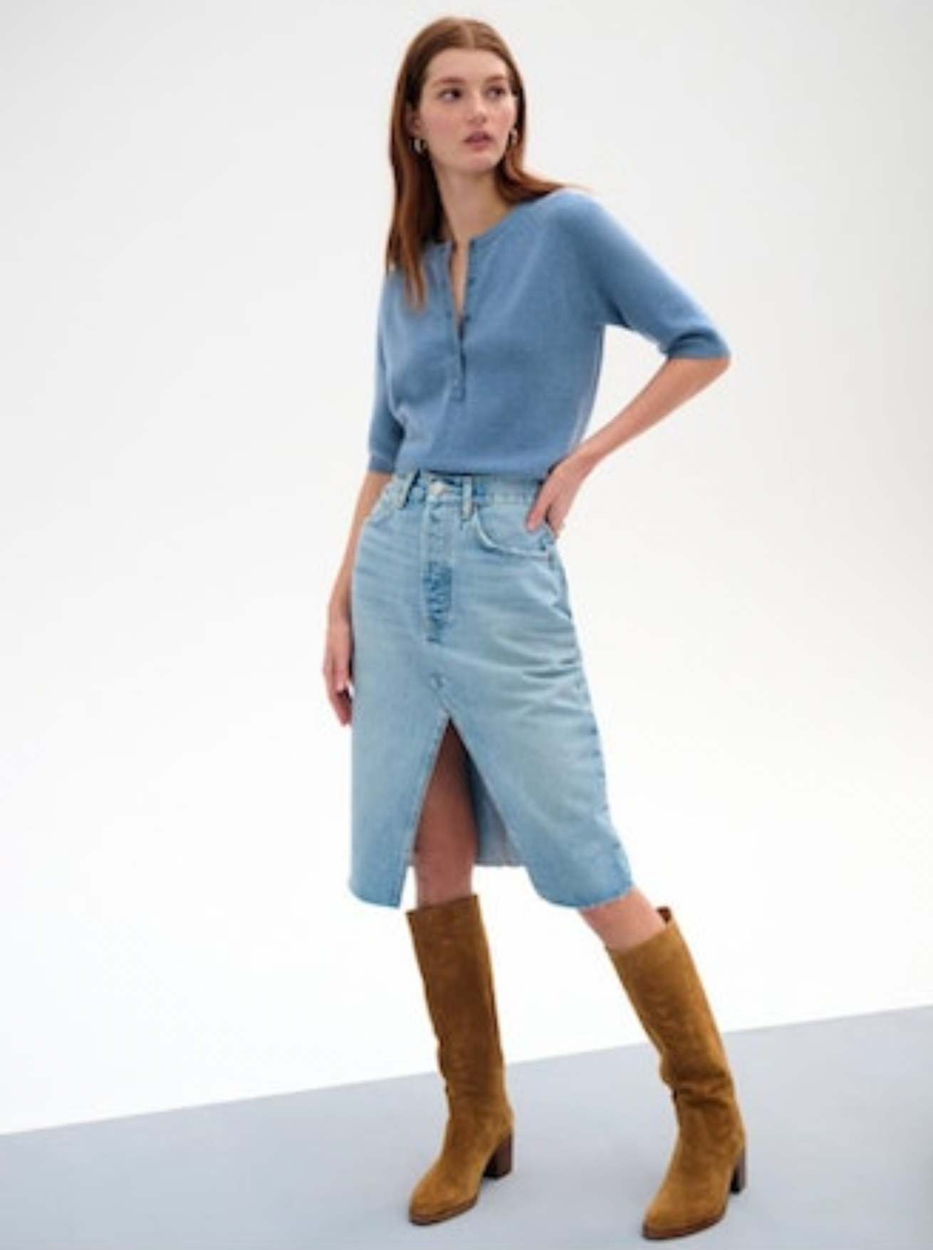 Cashmere Short Sleeve Henley in Blue Thistle