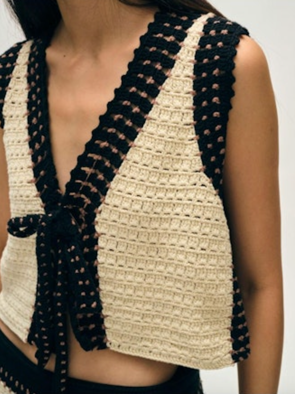 Cotton Crochet Tie Tank in Black Multi