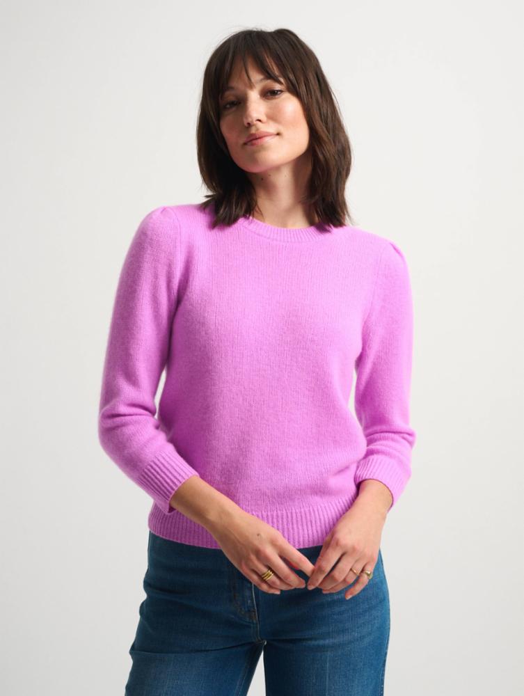 Cashmere Featherweight Puff Sleeve Crewneck in Neon Mauve