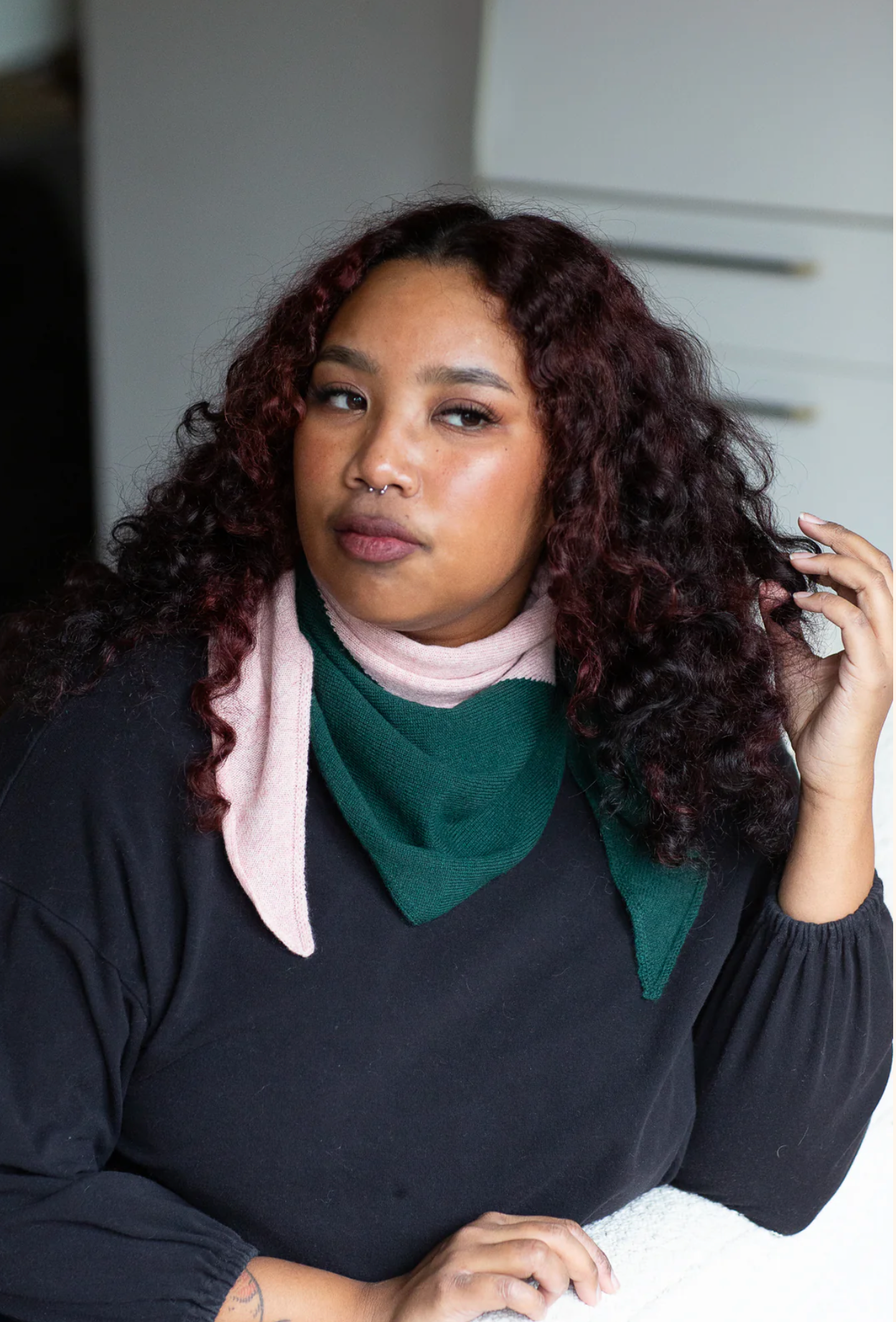 Cashmere Kerchief in Evergreen + Grapefruit