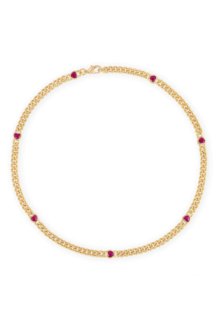 Heart Cuban Chain Necklace in Ruby - 15.5"