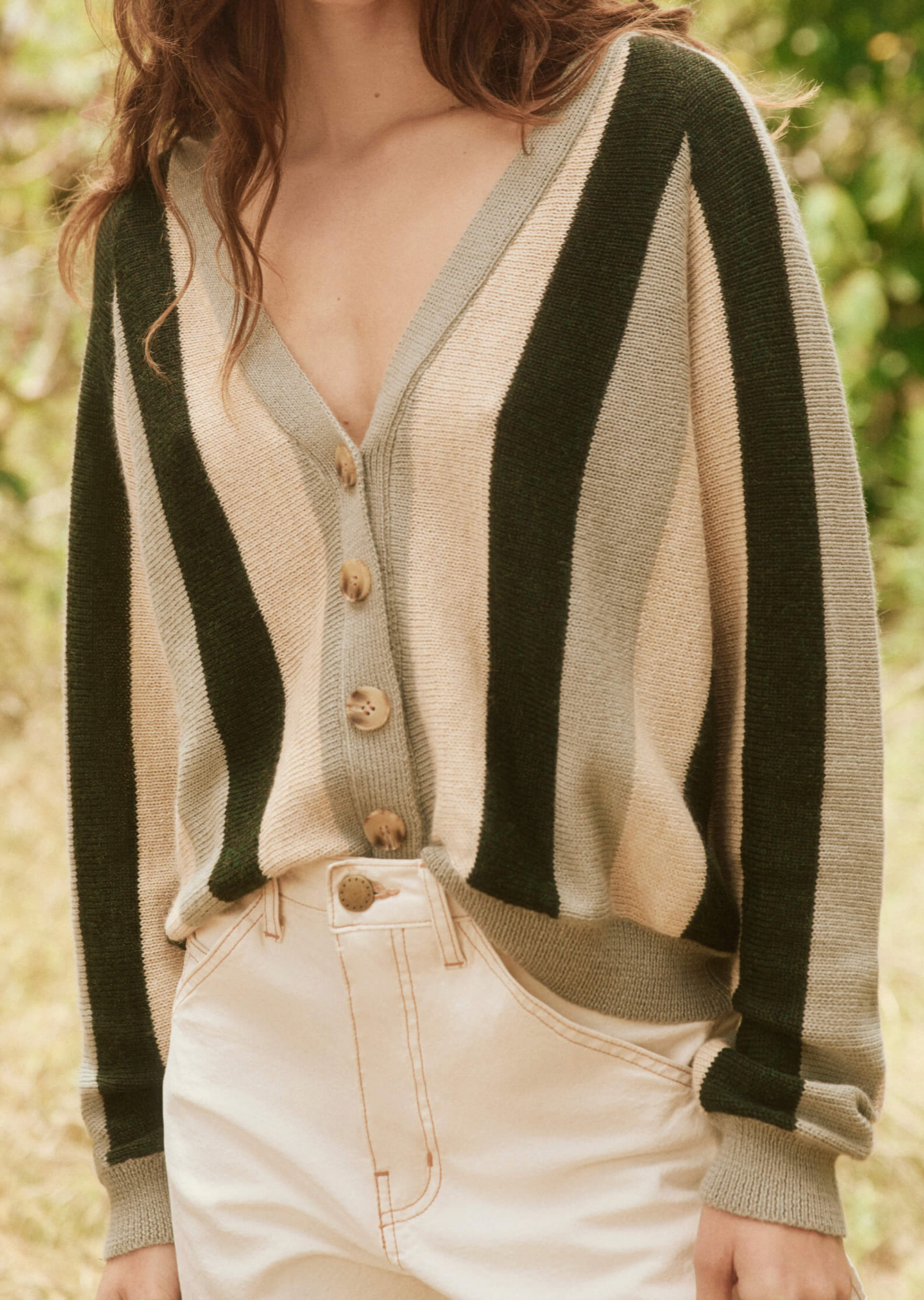 The Varsity Cardigan. Smokey Green Stripe