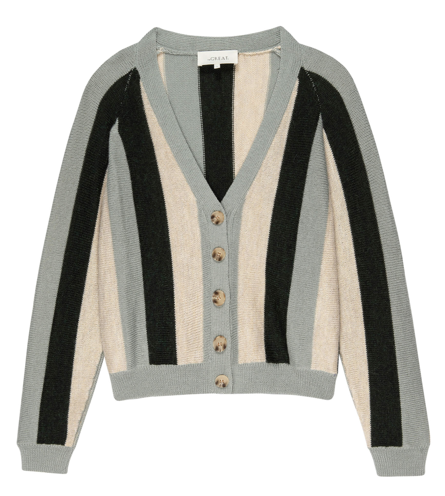 The Varsity Cardigan. Smokey Green Stripe