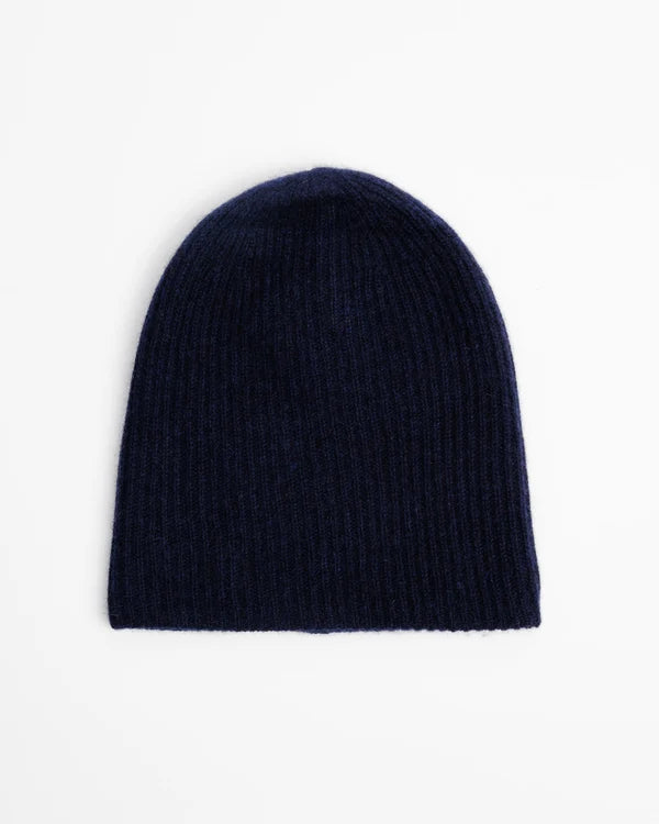 Cashmere Plush Rib Beanie in Deep Navy