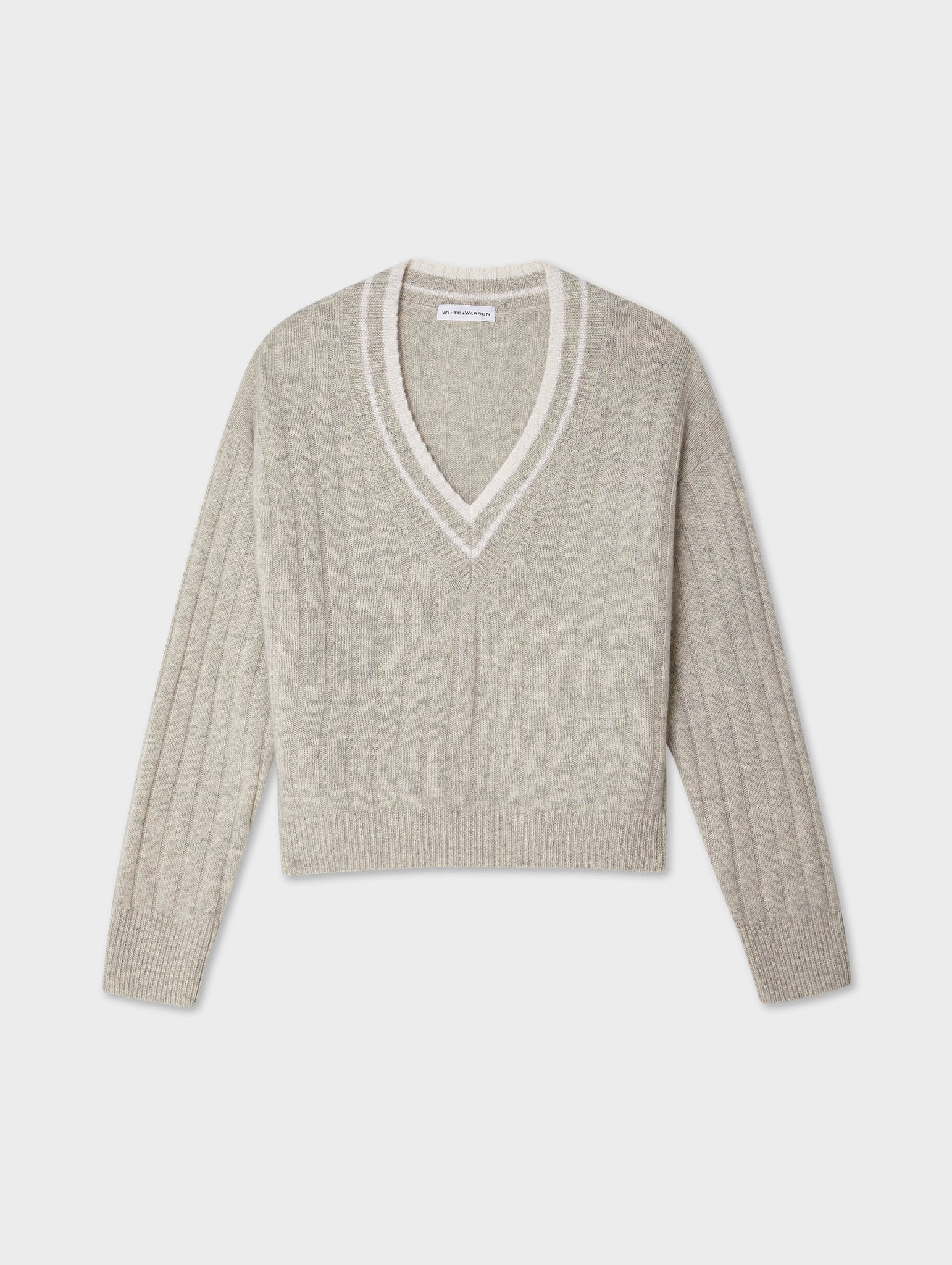 Cashmere Varsity Wide Rib Vneck in Misty Grey Heather and White