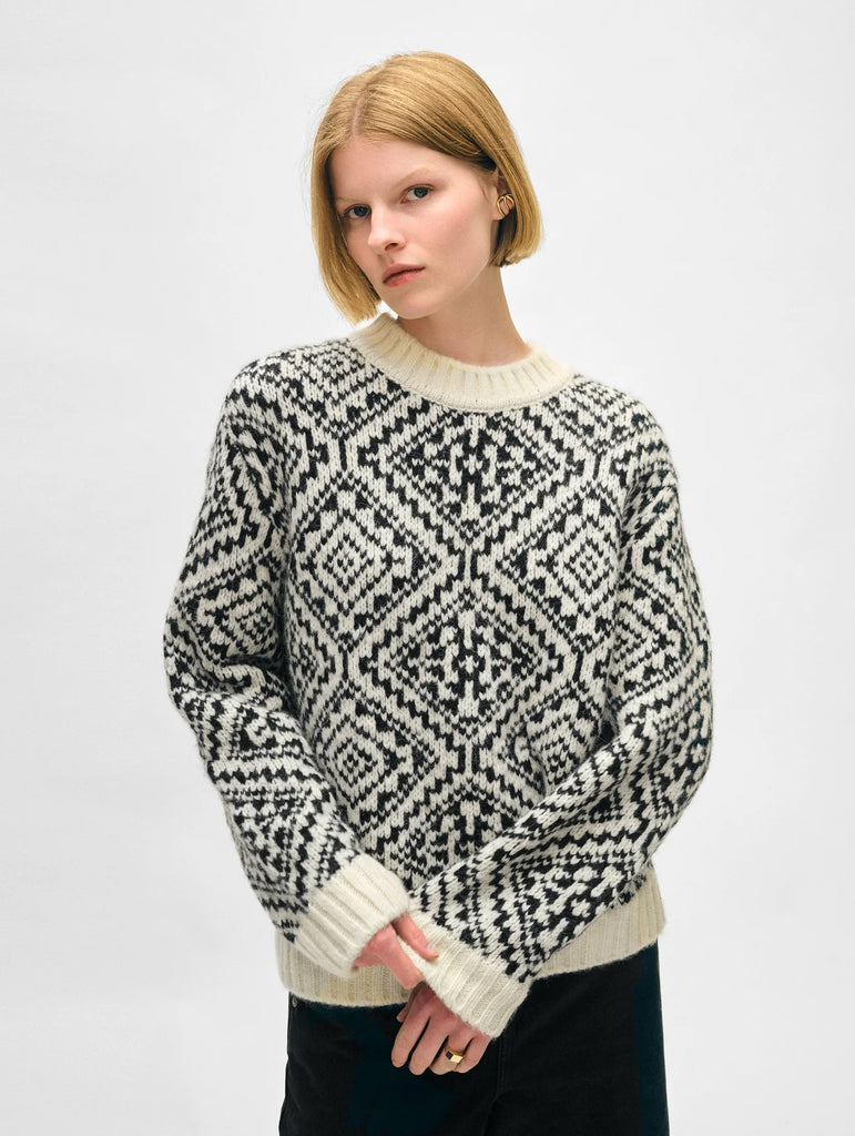 Plush Alpaca Blend Nordic Crewneck in Ivory/Black