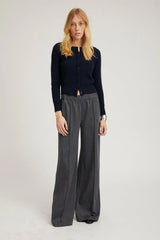 Grey Pinstripe Wide Leg Pintuck Trousers - l