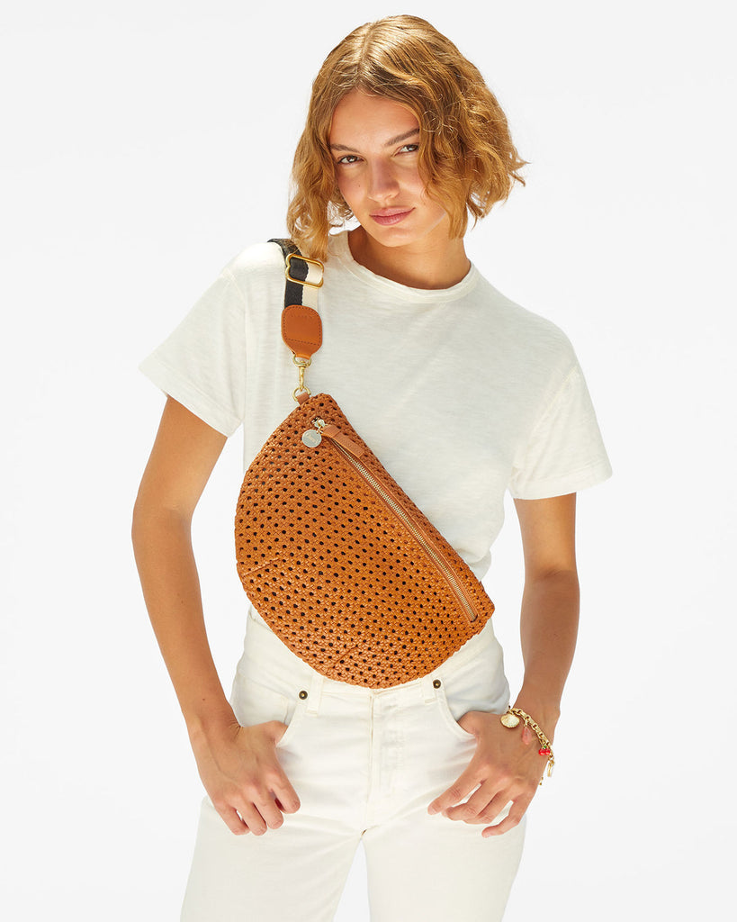 Adjustable Crossbody Strap in Black/Cream Stripe with Cuoio Tabs