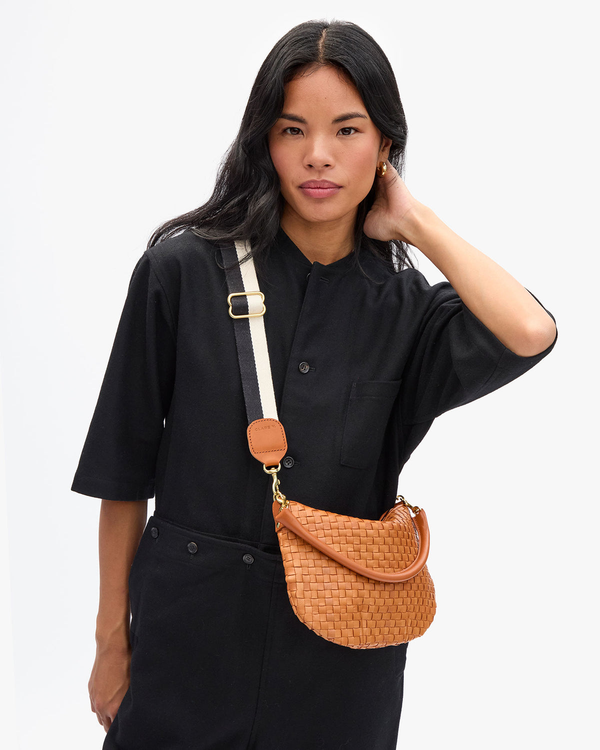 Adjustable Crossbody Strap in Black/Cream Stripe with Cuoio Tabs