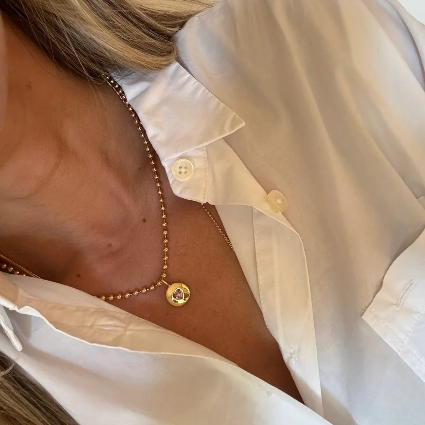 Round Heart Ball Chain Necklace Pink | 16"