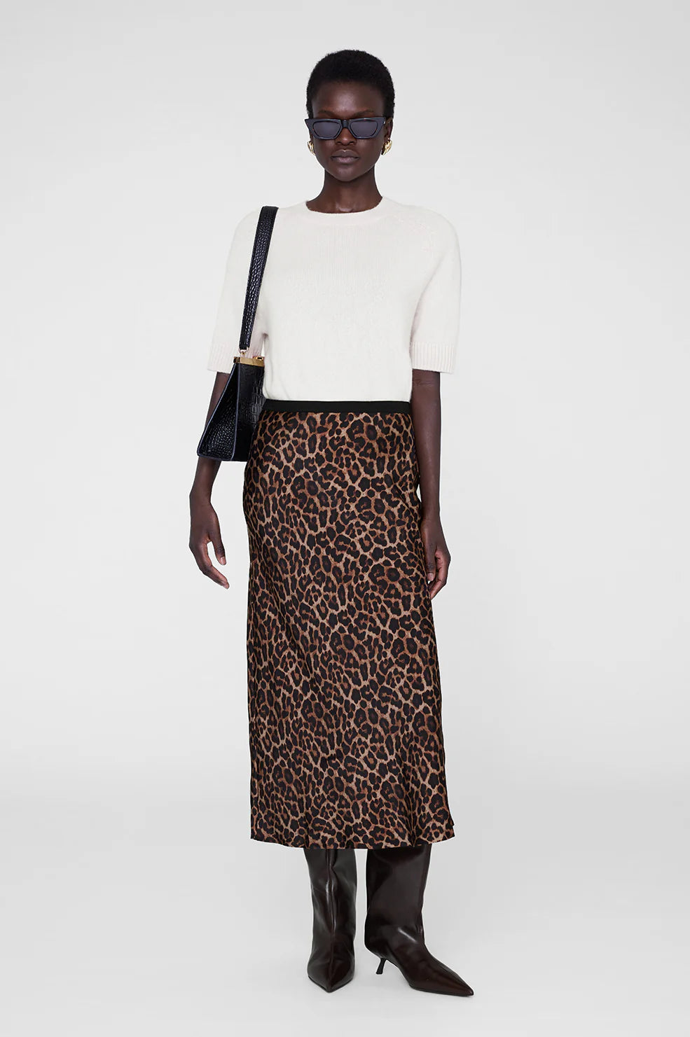 Bar Silk Skirt in Black and Brown Leopard