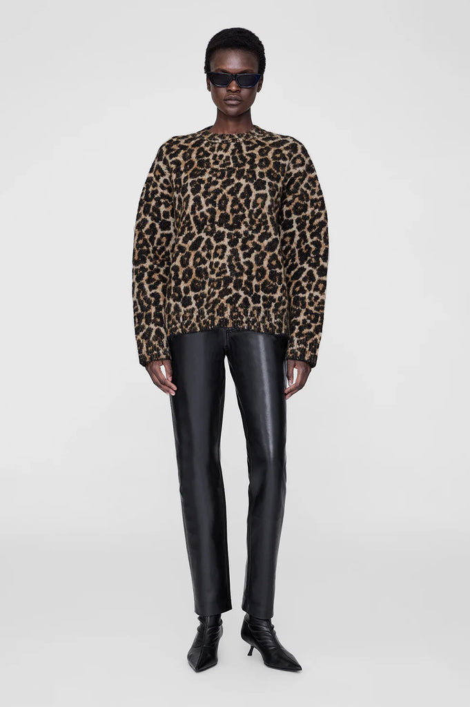 Sydney Crew Sweater in Black and Brown Leopard
