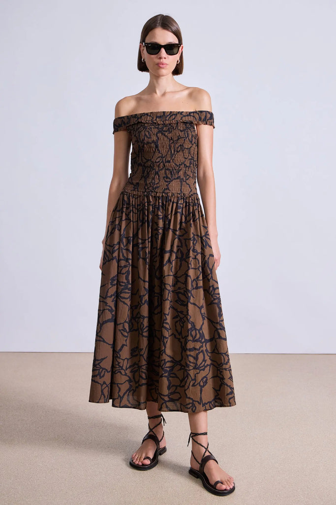 Britt Off-Shoulder Maxi Dress in Large Lace Floral Chocolate