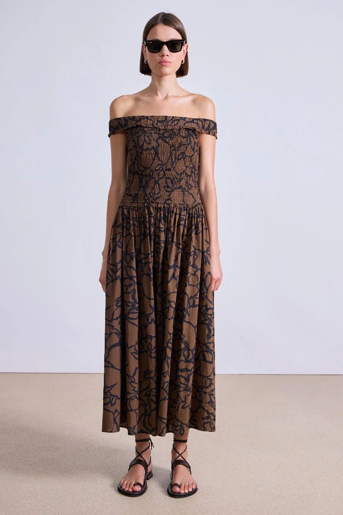 Britt Off-Shoulder Maxi Dress in Large Lace Floral Chocolate
