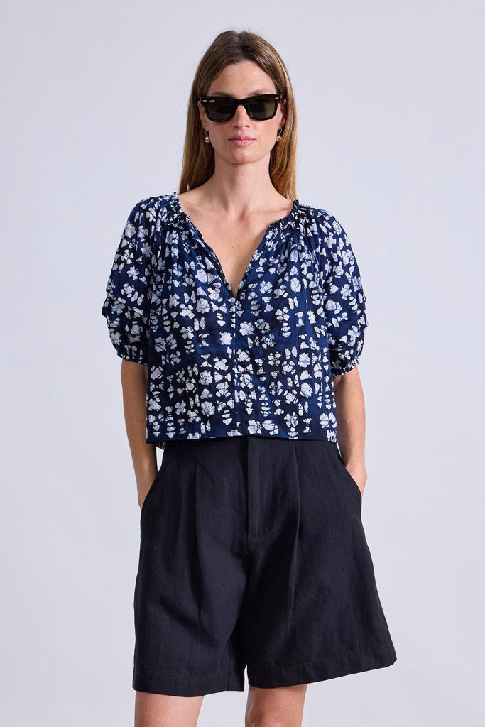Caminitas Puff Sleeve Top in Batik Geo Indigo