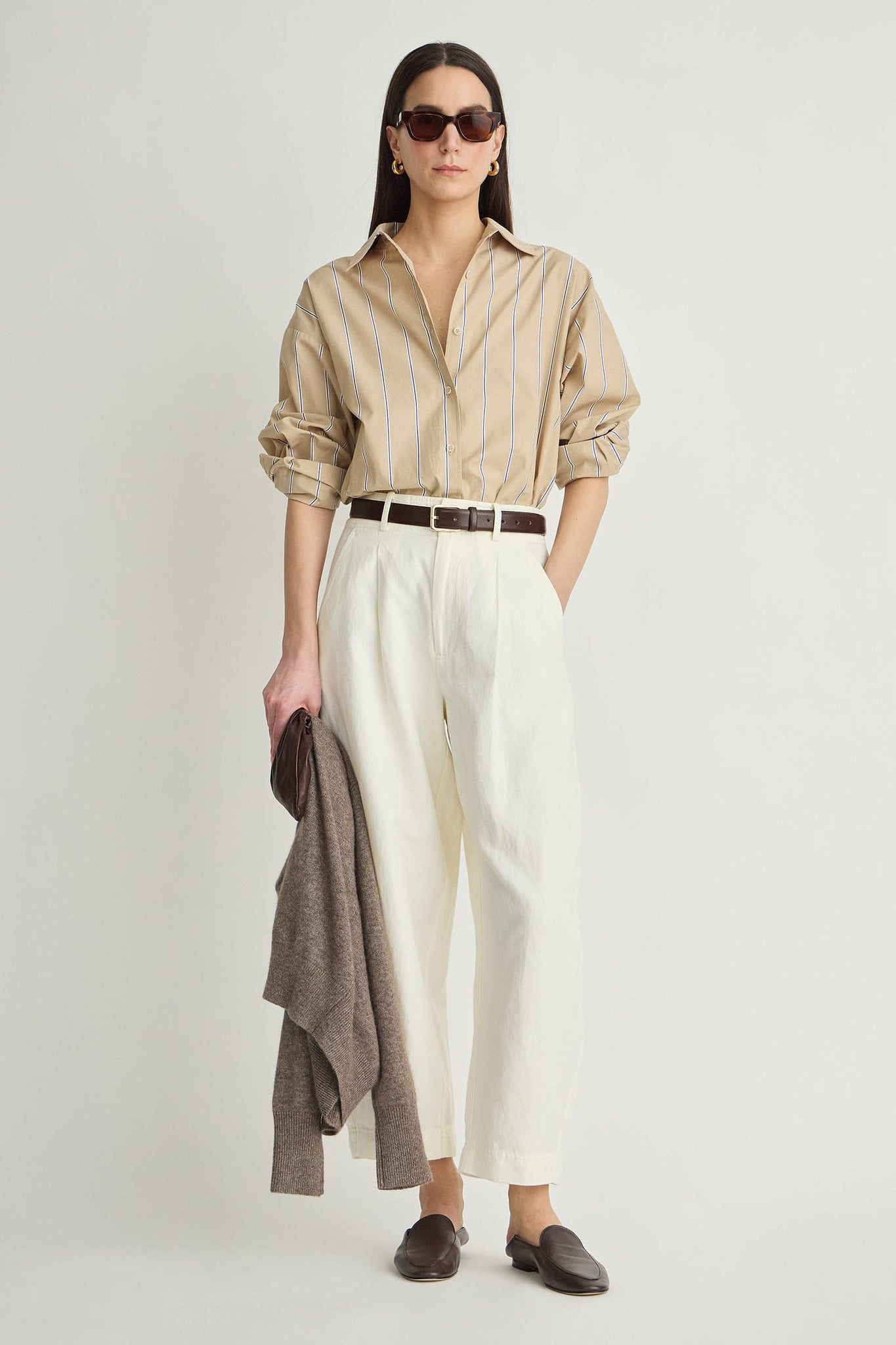 Isolde Button Down in Sable Sand & Blue Stripe